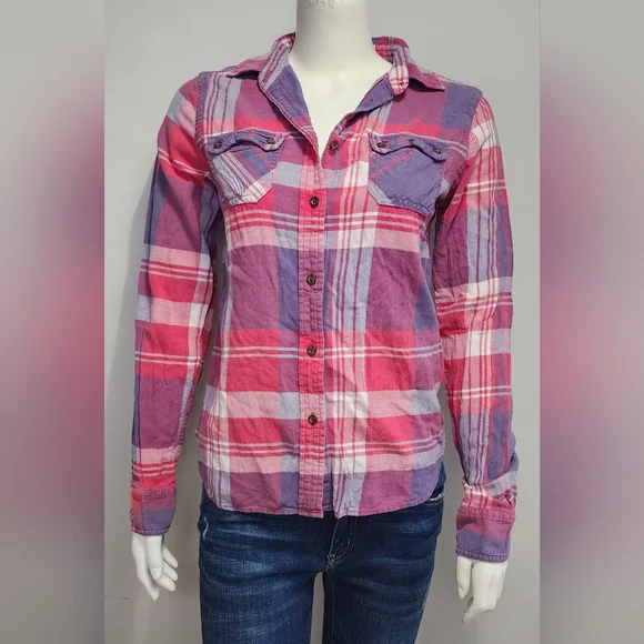American Eagle Womens Favorite Fit Pink Purple Flannel Plaid Button Up Small S - Picture 1 of 12